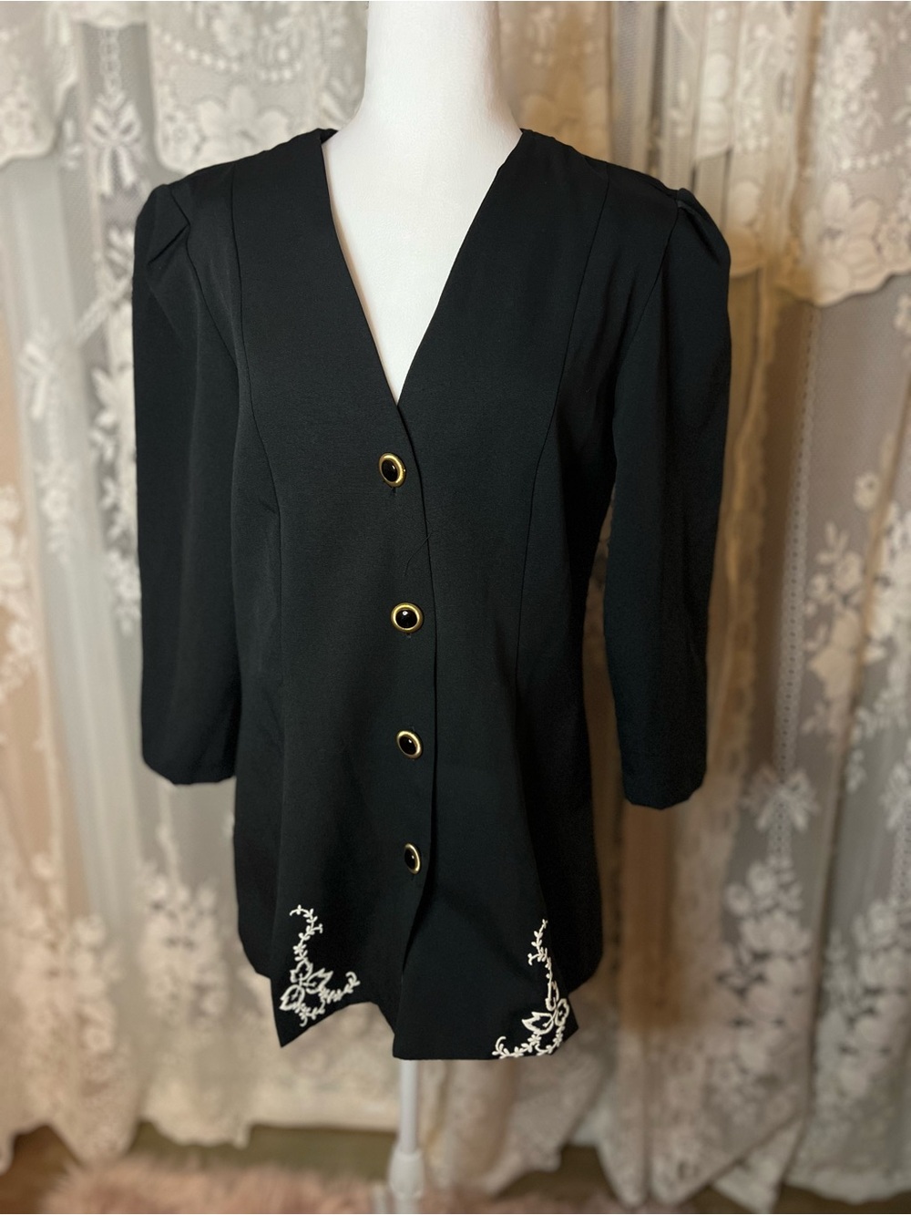 Vintage Black Blazer with Gold Buttons and White Embroidered Hem